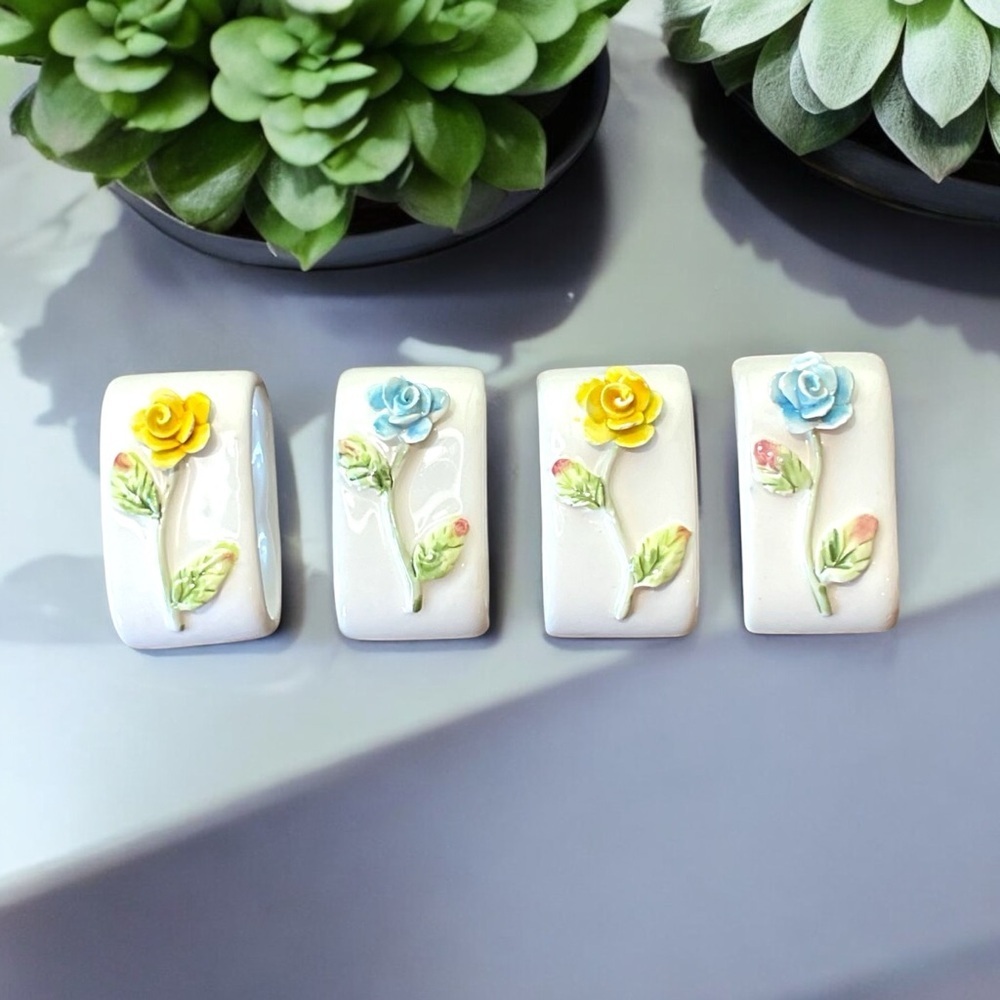 Vintage Hand Painted Yellow and Blue Floral Rose Ceramic Napkin Rings Set of 4